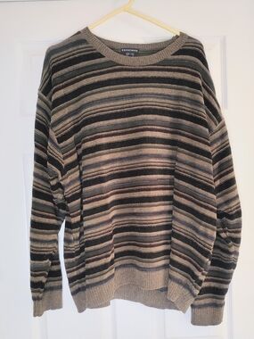Vintage Mens Striped Crewneck Sweater in Olive, Black & Tan